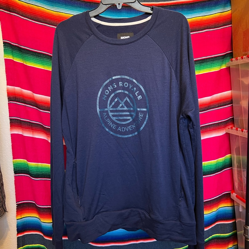 Mons Royale Covert Mid Hit Crew Merino Wool Blue Size XL